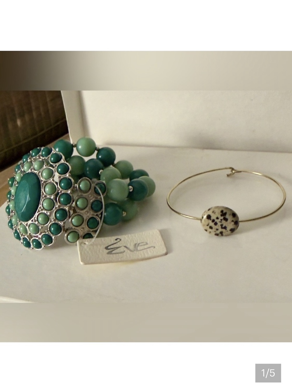 Two bracelets 3-strand statement bracelet w/jeweled focal point & wire w/Jasper